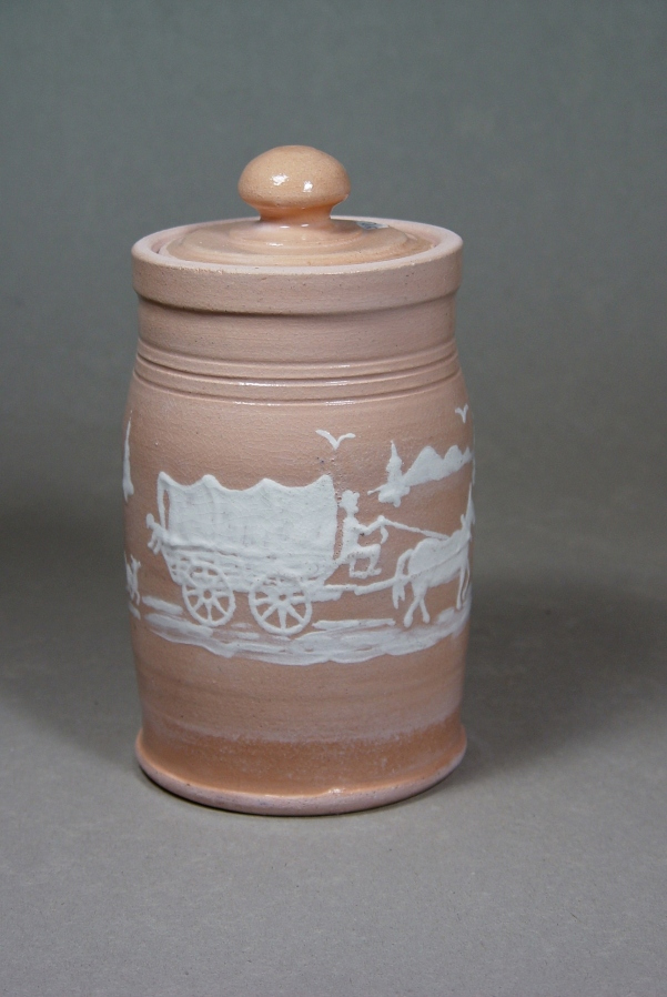 Lidded Pioneer Jar: Local clay with kaolin slip-trailed design, clear glaze