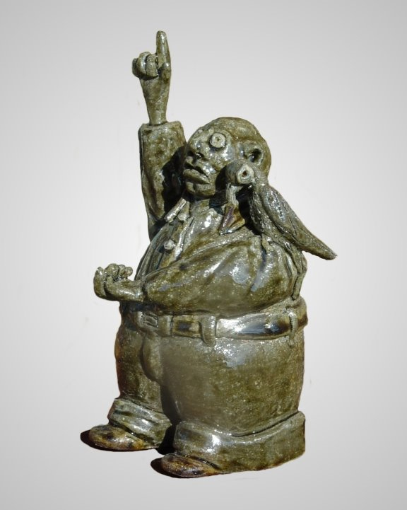 Man with Parrot: Wood-fired local clay with ash glaze