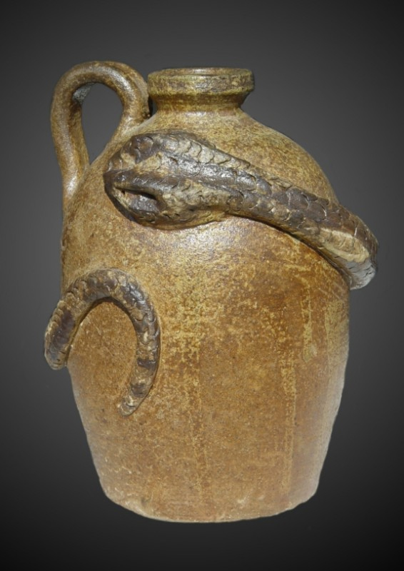 Snake Jug: Thrown native stoneware with ash glaze, wood-fired