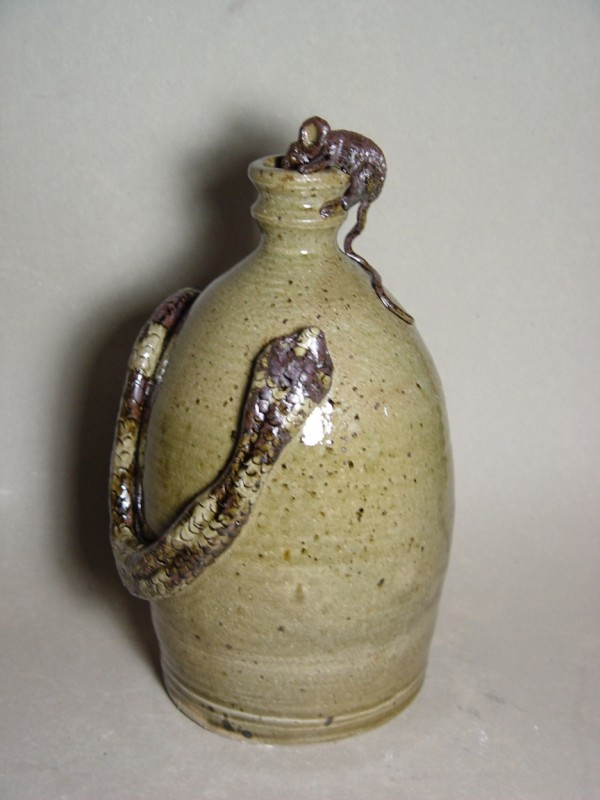 Snake and Mouse Jug: Thrown native stoneware with ash glaze, wood-fired